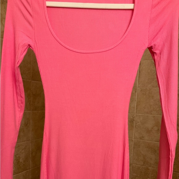 🆕XS BUBBLE GUM PINK SOFT LOUNGE LONG SLEEVE SQUARE NECK RIBBED SKIMS STYLE MAXI - Picture 8 of 15